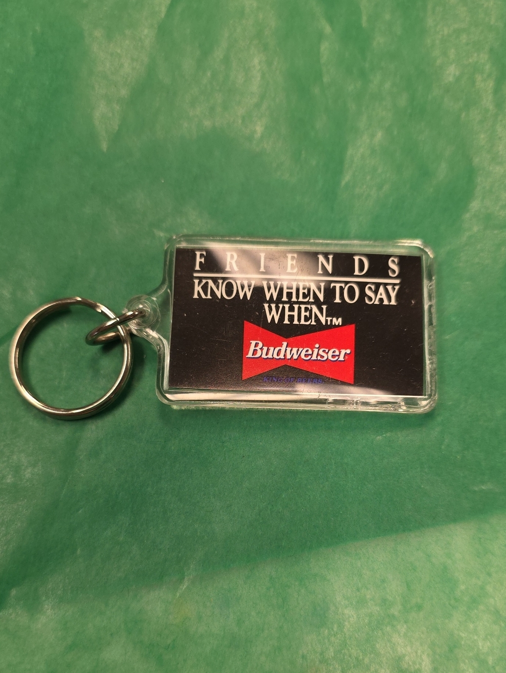 Vintage Budweiser Black and Red Rectangular Keychain with Split Ring